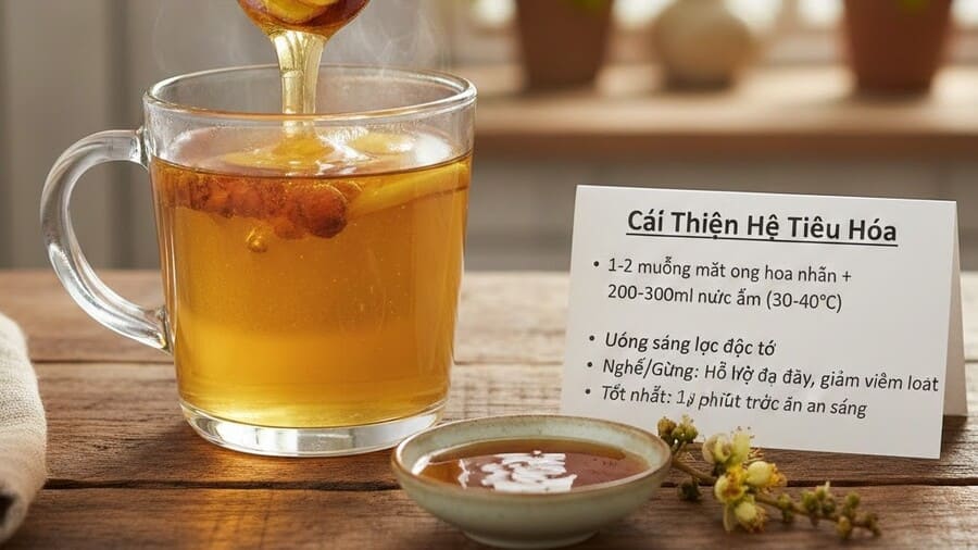 Mật ong hoa nhãn nguyên chất chai 1 lít 14 Mật ong nhãn nguyên chất cải thiện hệ tiêu hóa