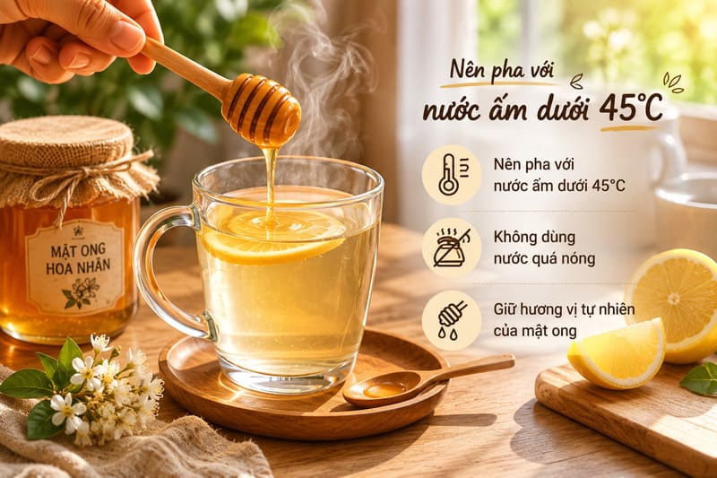 Cách pha mật ong nhãn với nước ấm dưới 45 độ C